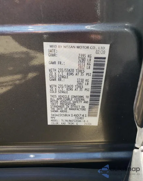 2020 Nissan Murano Sl из США, поврежденный, VIN 5N1AZ2CS8LN140741